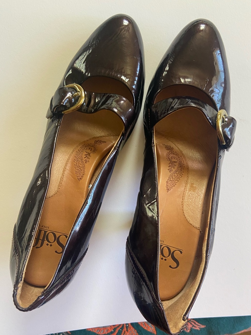Söfft Black Patent Mary Jane Heels with Gold Buckle